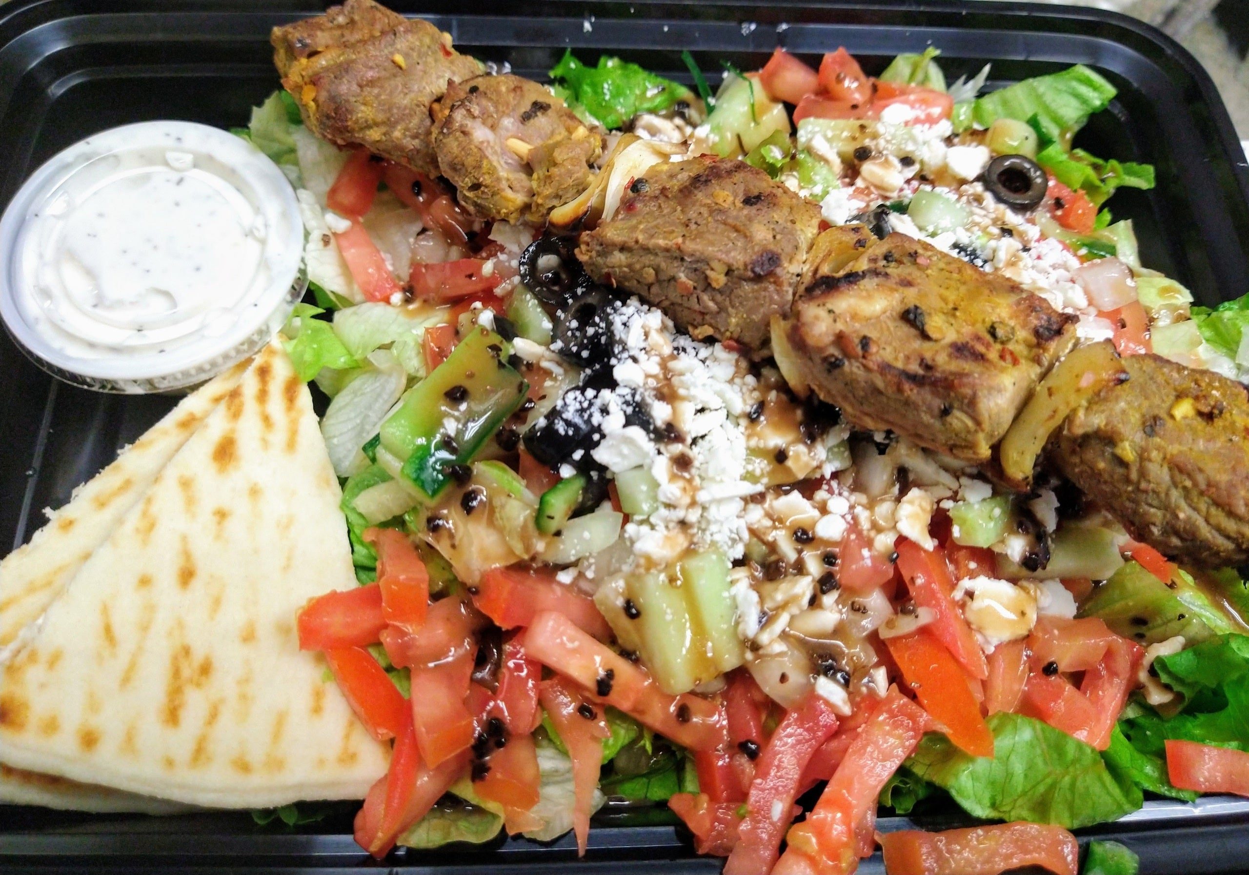 Greek Salad With Lamb Kabob.