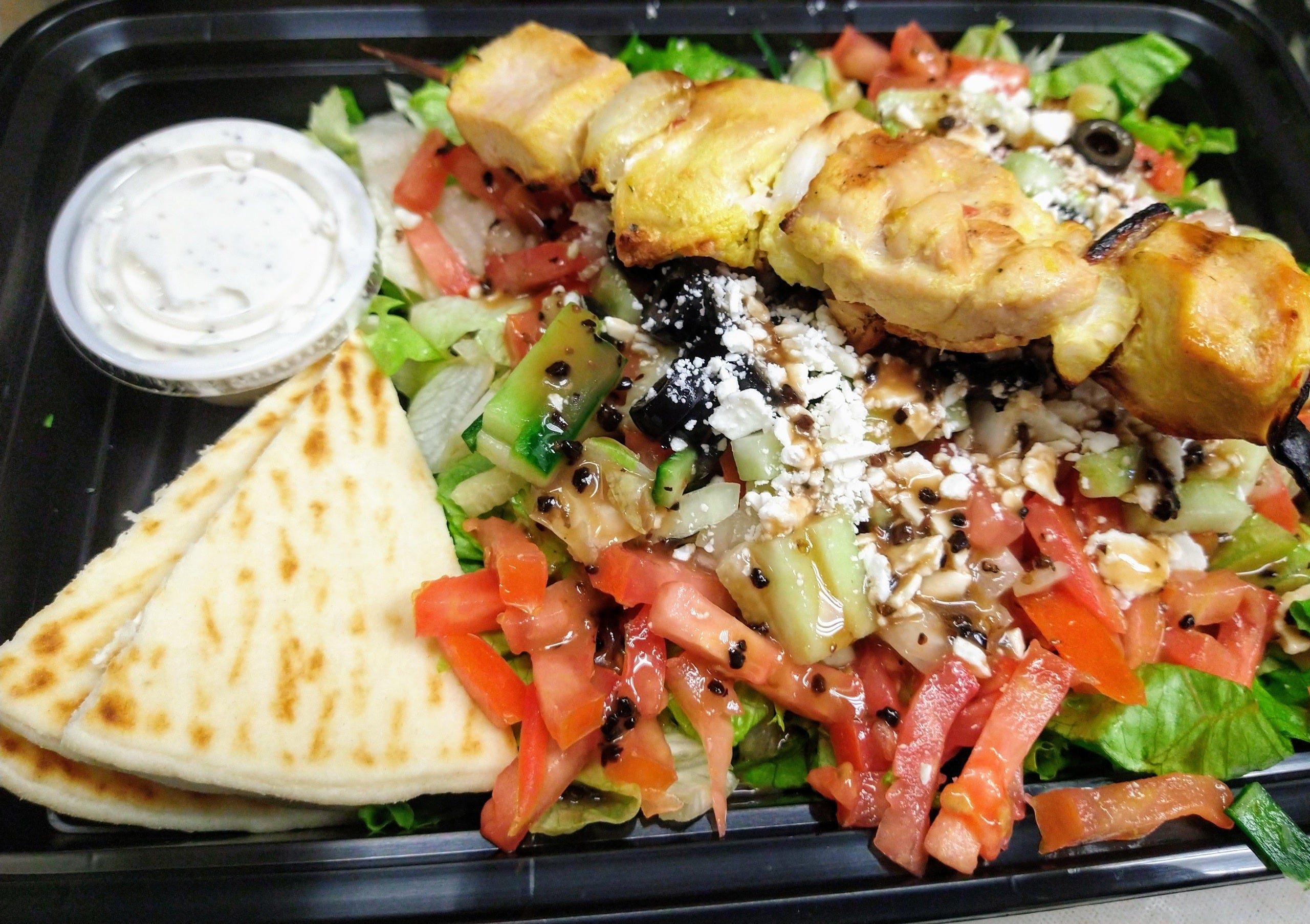 Greek Salad With Chicken Kabob.