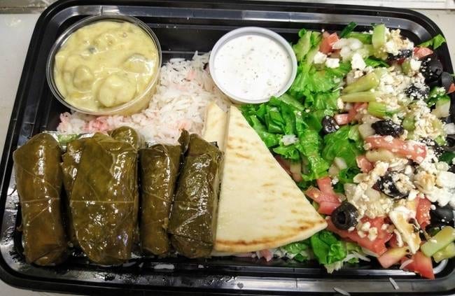 Stuffed Grape Leaves and Baba Ghanoush Plate.