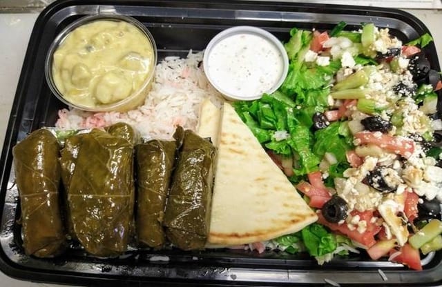 Stuffed Grape Leaves and Baba Ghanoush Plate.